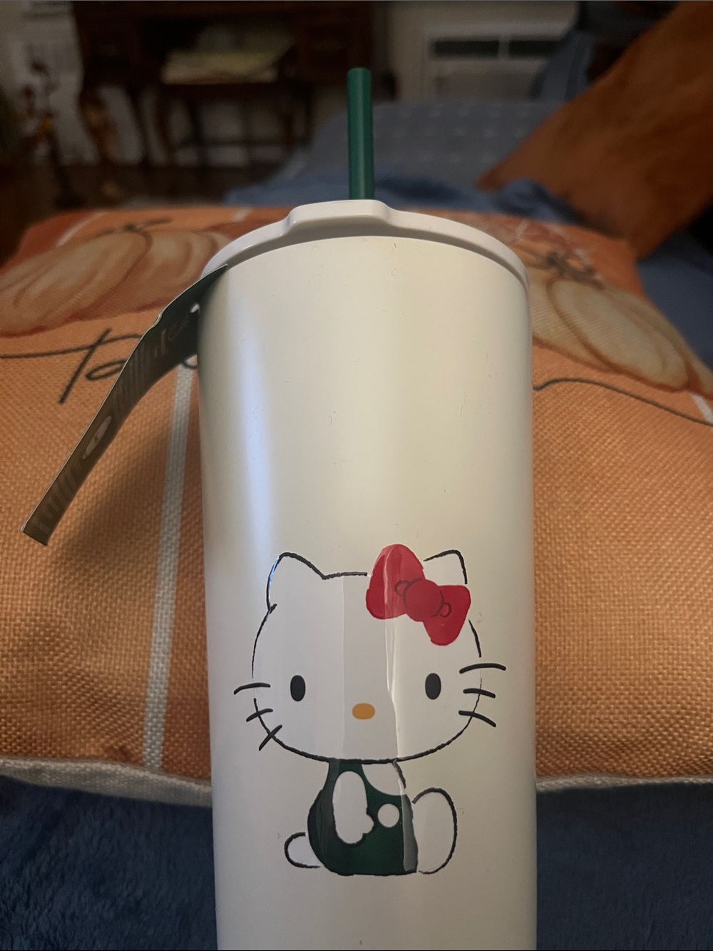 Hello Kitty White Tumbler with Red Bow and Green Straw Accent